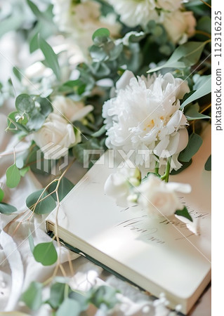 Open book with handwritten text amidst white flowers. Ideal for romantic literature or wedding themes. AI Generated. 112316225