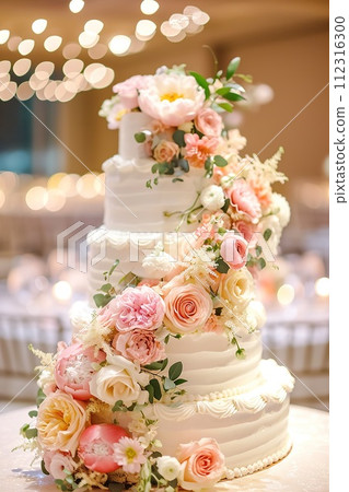 Artistic wedding cake with roses and eucalyptus, perfect for culinary arts. AI Generated. Artistic wedding cake with roses and eucalyptus, perfect for culinary arts. AI Generated. 112316300