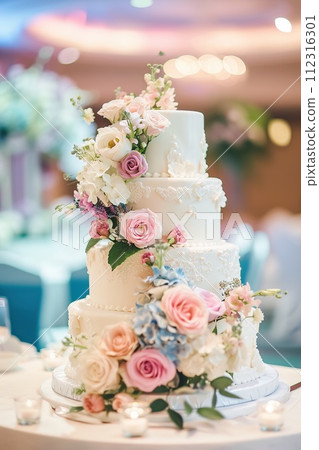 Artistic wedding cake with roses and eucalyptus, perfect for culinary arts. AI Generated. 112316301