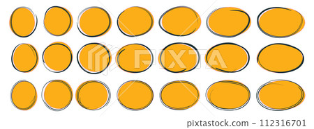 Set of hand drawn ovals and circles with a yellow background. Ovals of different widths. Select the circle frames. Ellipses in doodle style. Set of hand drawn ovals and circles with a yellow background. Ovals of different widths. Select the circle frames. Ellipses in doodle style. 112316701