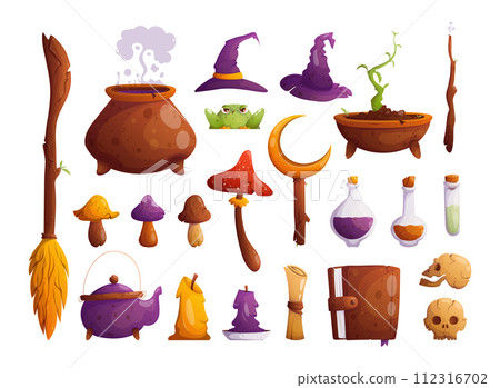 Set of cartoon items for magic and witchcraft.. A cauldron with a potion, a magic wand and a broom, mushrooms, candles, a book of spells, skulls and witch hats, a toad and a sprout of a witch's plant. Set of cartoon items for magic and witchcraft.. A cauldron with a potion, a magic wand and a broom, mushrooms, candles, a book of spells, skulls and witch hats, a toad and a sprout of a witch's plant. 112316702