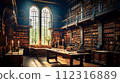 A large library with wooden shelves filled with books, a large 112316889
