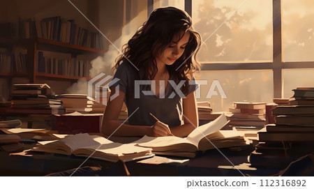 A young woman sits at a desk in a library, surrounded by books. 112316892