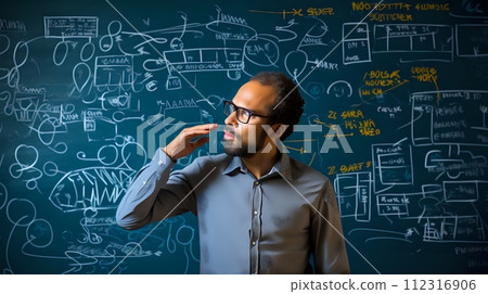 A young male teacher wearing glasses stands in front of a black 112316906