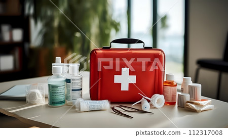 A red first aid kit is sitting on a table. It is open, and ther A red first aid kit is sitting on a table. It is open, and ther 112317008