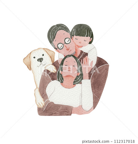 Watercolor illustration of a family of close friends, children, and dog 112317018