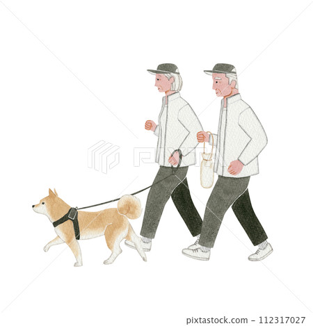 Senior elderly couple and Shiba dog walking watercolor illustration 112317027