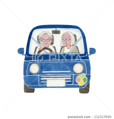 Senior elderly couple driving watercolor illustration 112317030