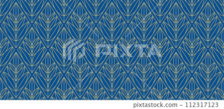 Retro art deco blue and gold seamless pattern. Repeated golden floral leaves motif. Vintage decorative texture for wallpaper, textile, fabric, print swatch. Vector elegant linear ornament backdrop 112317123
