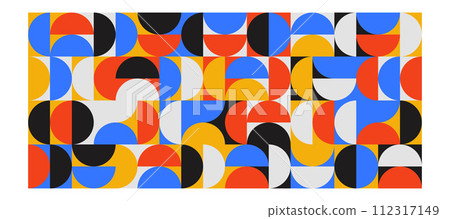 Bright semicircle seamless pattern. Abstract geometric half circle in square background. Colorful Swiss modernist or postmodernist style wallpaper. Vector red, blue, yellow modular repeating backdrop 112317149
