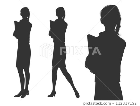 一位女辦公室女士的剪影,站立文件,全身插圖集和上半身前視圖 一位女辦公室女士的剪影,站立文件,全身插圖集和上半身前視圖 112317152