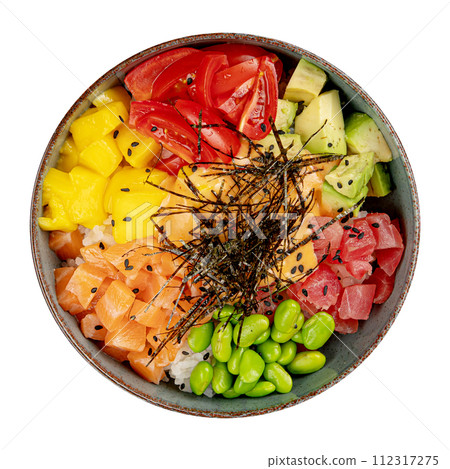 Portion of poke bowl with fish and veggies Portion of poke bowl with fish and veggies 112317275