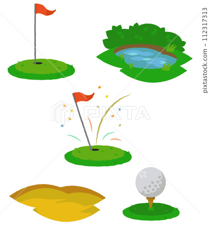 Golf course set including golf ball, pond, bunker etc. Golf course set including golf ball, pond, bunker etc. 112317313