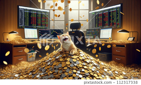 A cat is happy to be buried in a pile of money after being successful in investment. 112317338