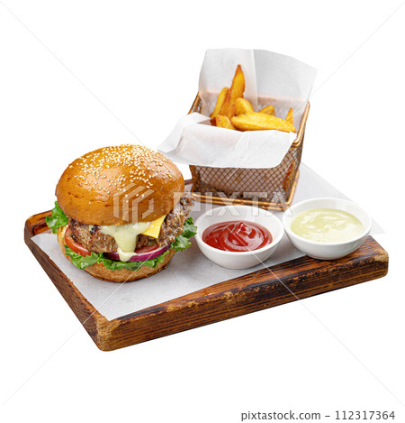 Isolated portion of burger set with french fries Isolated portion of burger set with french fries 112317364