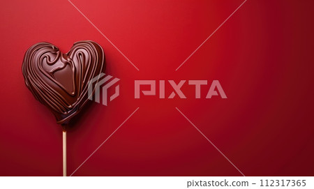 Chocolate heart lollipop symbolizing sweet love on a red background, Ai Generated 112317365