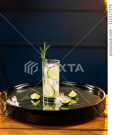 Fresh gin tonic cocktail with rosemary and lime Fresh gin tonic cocktail with rosemary and lime 112317378