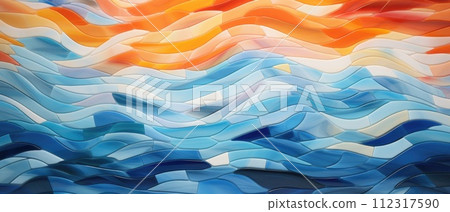 An abstract mosaic tile wall texture with blue and orange hues and waving waves shapes, Ai Generated. 112317590
