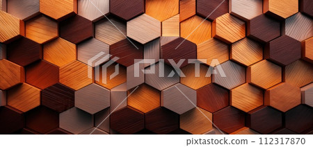 A captivating abstract backdrop featuring hexagonal geometric patterns in wood, ideal for creating a unique and visually appealing banner illustration, Ai Generated. 112317870