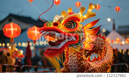 Chinese dragon vividly displayed at a Chinese New Year celebration, Ai Generated 112317962