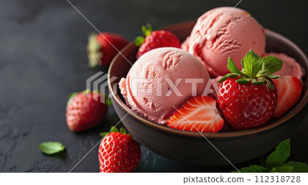 Savor homemade strawberry ice cream with a burst of fresh strawberries, Ai Generated. 112318728
