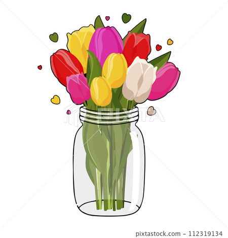 Spring bouquet with pink, red, white and yellow tulips in glass jar. Vector flowers for design 112319134