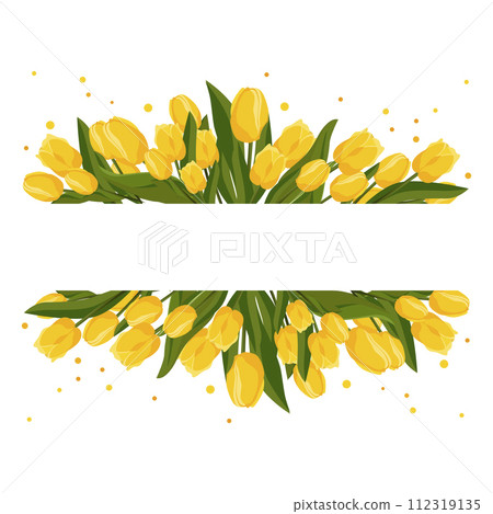 Spring rectangular frame with yellow tulips for text. Vector template with flowers for design, banner 112319135