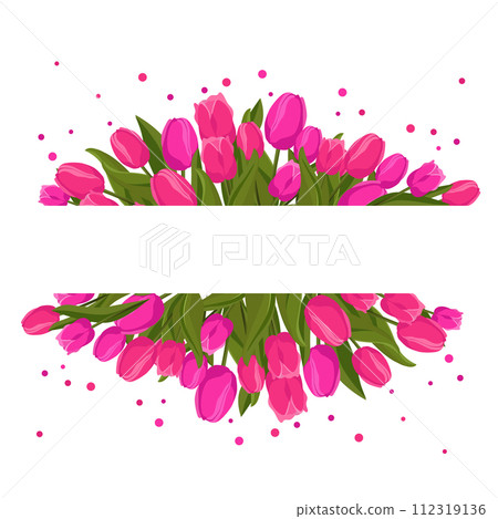 Spring rectangular frame with pink tulips for text. Vector template with flowers for design, banner Spring rectangular frame with pink tulips for text. Vector template with flowers for design, banner 112319136