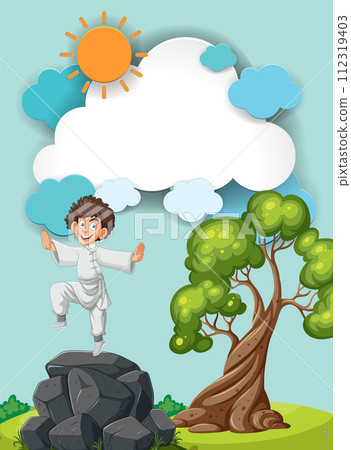 Joyful Child Practicing Martial Arts Outdoors 112319403