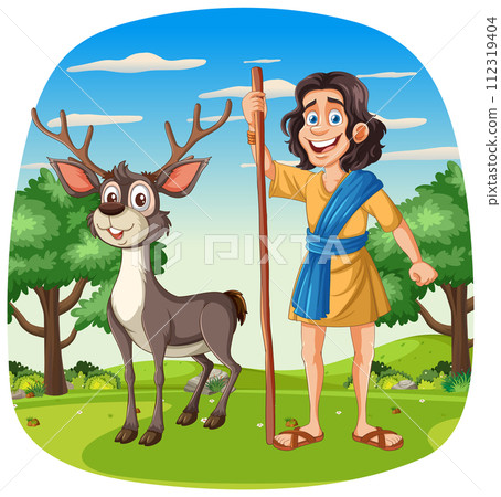 Cheerful Shepherd with Friendly Reindeer 112319404