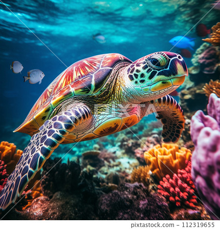 海龜在美麗的藍色熱帶海洋中游泳 112319655