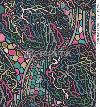 Vector seamless colorful abstract organic pattern. Abstract background in biological style. Macro image, plants, magnified under a microscope. Vector seamless colorful abstract organic pattern. Abstract background in biological style. Macro image, plants, magnified under a microscope. 112319792