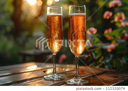 2 drinks on backyard table in summer evokes relaxation, freshness, happiness atmosphere signifies relaxation, warmth and joy of sharing with loved ones in a welcoming space contributing to happiness. 2 drinks on backyard table in summer evokes relaxation, freshness, happiness atmosphere signifies relaxation, warmth and joy of sharing with loved ones in a welcoming space contributing to happiness. 112320074