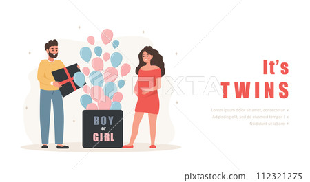 Gender reveal party concept. Its twins. Family opening surprise gift box with inscription Boy or girl. Blue and pink balloons. Landing page template. Vector illustration in cartoon style 112321275