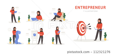 Set of female entrepreneurs. Successful arabian women in various scenes. Modern office worker or business expert. Vector illustration in flat cartoon style Set of female entrepreneurs. Successful arabian women in various scenes. Modern office worker or business expert. Vector illustration in flat cartoon style 112321276