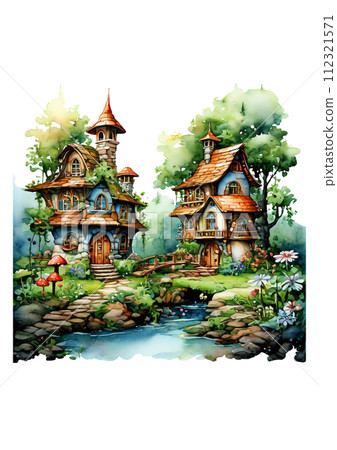 Watercolor illustration of a fairy tale house in the forest. Digital painting. 112321571