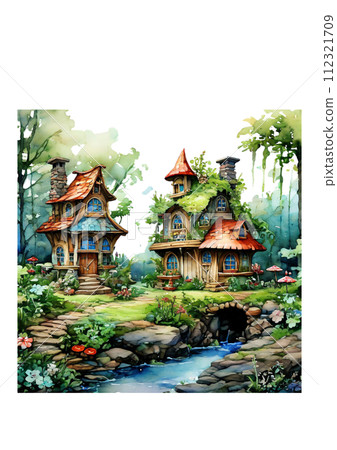 Watercolor illustration of a fairy tale house in the forest. Hand-drawn illustration 112321709