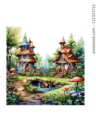 Watercolor illustration of a fairy tale house in the forest. Hand-drawn illustration 112321712