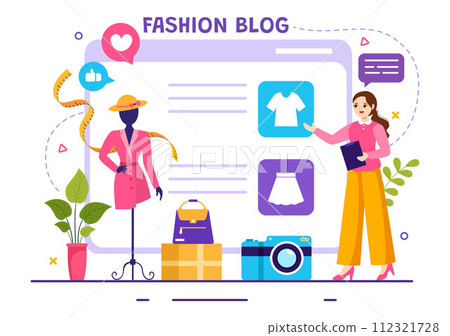 Fashion Blog Vector Illustration with Bloggers Review Videos of Fashionable Clothes Trends and Run Online in Flat Cartoon Background Style Fashion Blog Vector Illustration with Bloggers Review Videos of Fashionable Clothes Trends and Run Online in Flat Cartoon Background Style 112321728
