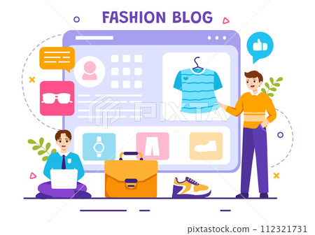 Fashion Blog Vector Illustration with Bloggers Review Videos of Fashionable Clothes Trends and Run Online in Flat Cartoon Background Style 112321731
