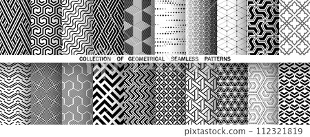 Geometric set of seamless black and white patterns. Simple vector graphics Geometric set of seamless black and white patterns. Simple vector graphics 112321819
