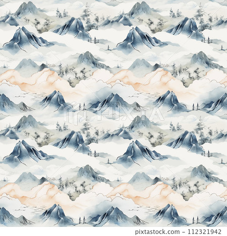 日式山水彩插畫無縫背景素材 112321942