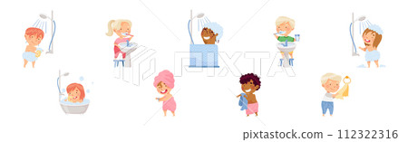 Kid Characters Washing Enjoy Bath Hygiene Procedure Vector Set Kid Characters Washing Enjoy Bath Hygiene Procedure Vector Set 112322316