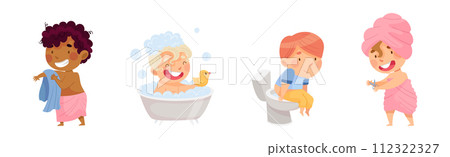 Kid Characters Washing Enjoy Bath Hygiene Procedure Vector Set Kid Characters Washing Enjoy Bath Hygiene Procedure Vector Set 112322327