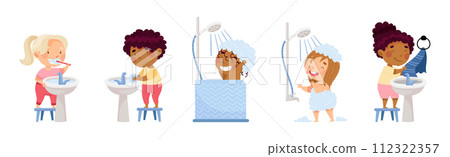 Kid Characters Washing Enjoy Bath Hygiene Procedure Vector Set 112322357