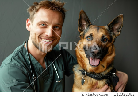 A man is smiling and holding a dog 112322392