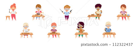 Children at Table Woodworking Making Items from Wood Vector Set Children at Table Woodworking Making Items from Wood Vector Set 112322437