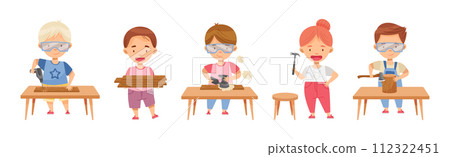 Children at Table Woodworking Making Items from Wood Vector Set Children at Table Woodworking Making Items from Wood Vector Set 112322451