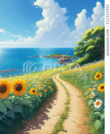 Road leading from a sunflower-filled hill to the sea on a summer day 1 AI-generated image 112322452