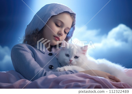 A carefree child sleeps peacefully, nestled with a kitten on a cloud-like surface. Sweet dreams envelop them in a serene scene of innocence and tranquility. A carefree child sleeps peacefully, nestled with a kitten on a cloud-like surface. Sweet dreams envelop them in a serene scene of innocence and tranquility. 112322489